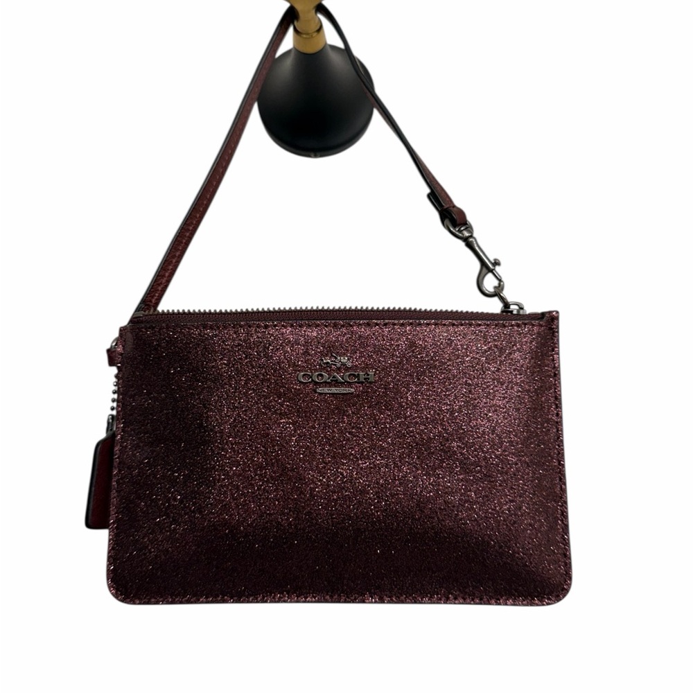 Coach Metallic Burgundy Glitter Wristlet Pouch with Strap and Hangtag